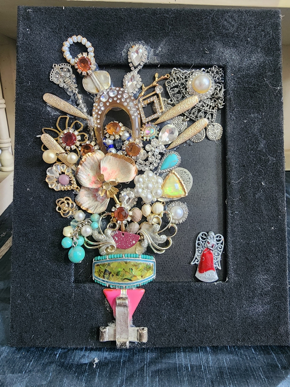 Vintage Mixed-Media Flower Bouquet Framed Jewelry Art Floral